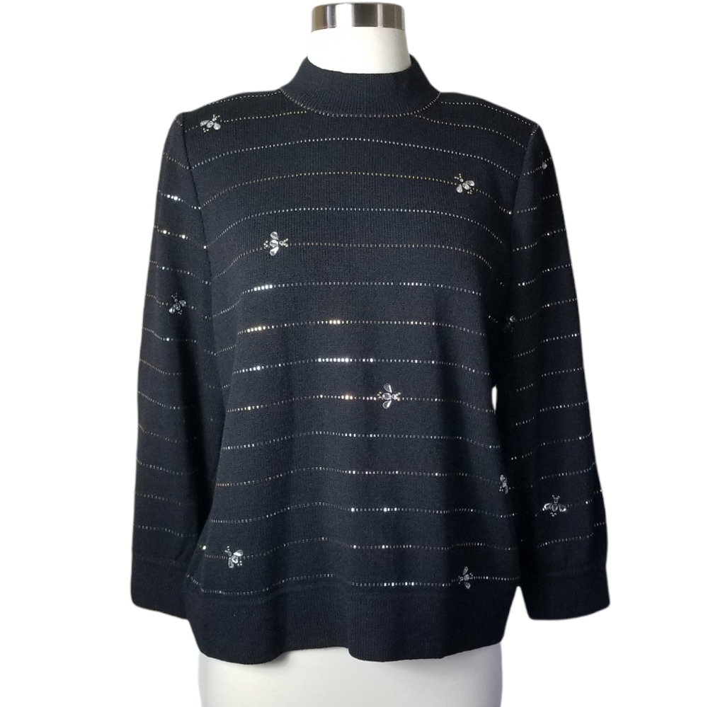 ST. JOHN Evening Santana Knit Top Black Sz L Rhinestone Bees Paillettes Sequins